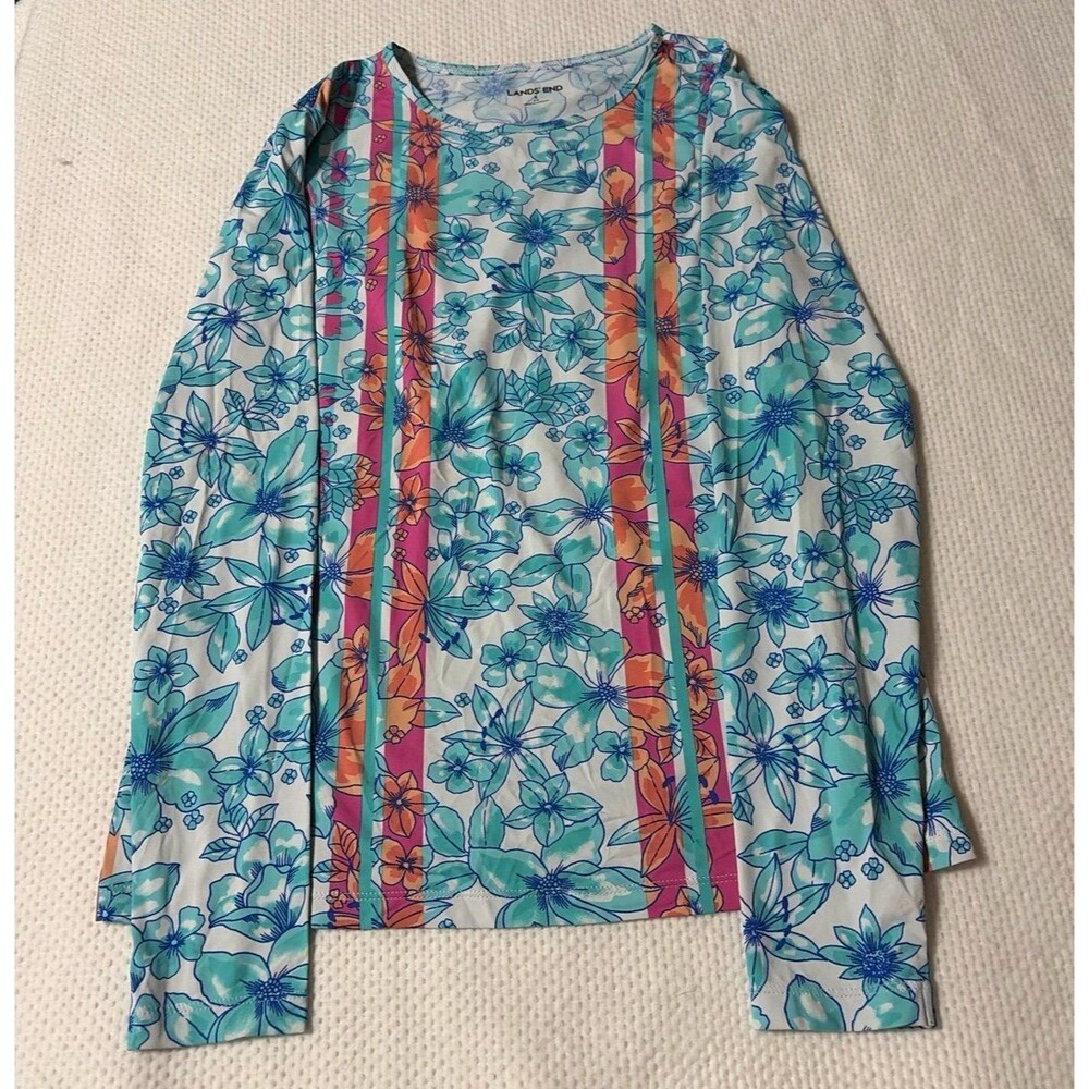 Lands' End women Long Sleeve Rash Guard UPF 50 Blue Floral Stripe Size S 6-8